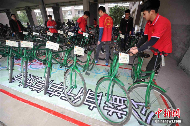 大学志愿者在校园公益自行车停放点整理供师生们免费借用的自行车.jpg